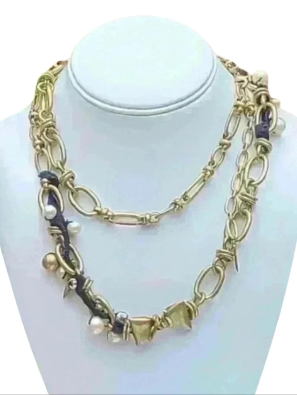 STELLA & Dot French Twist‎ antiqued gold tone Ribbon long pearl trimmed necklace
